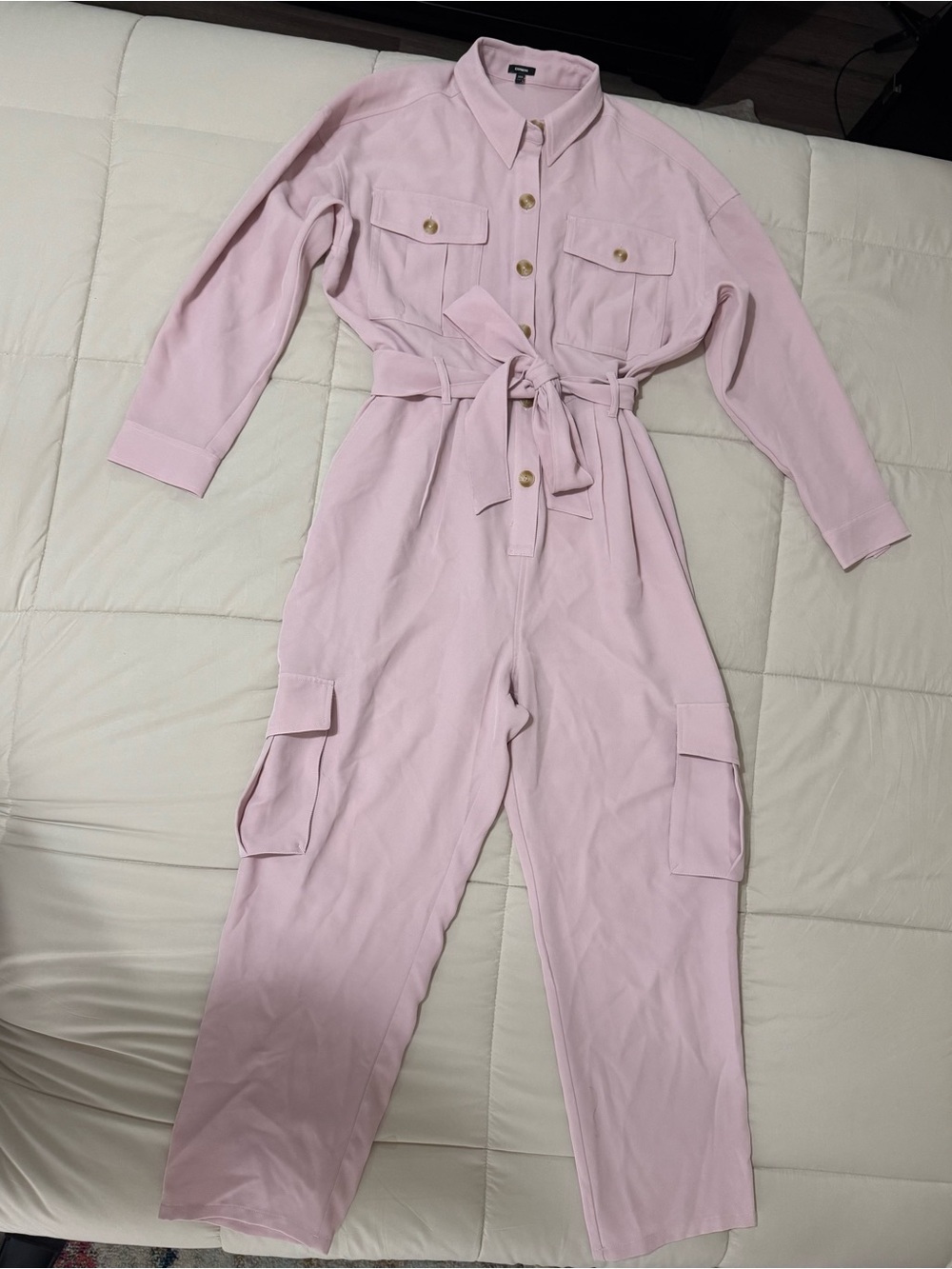 Express Pale Pink Utility Jumpsuit with Self-Tie Waist